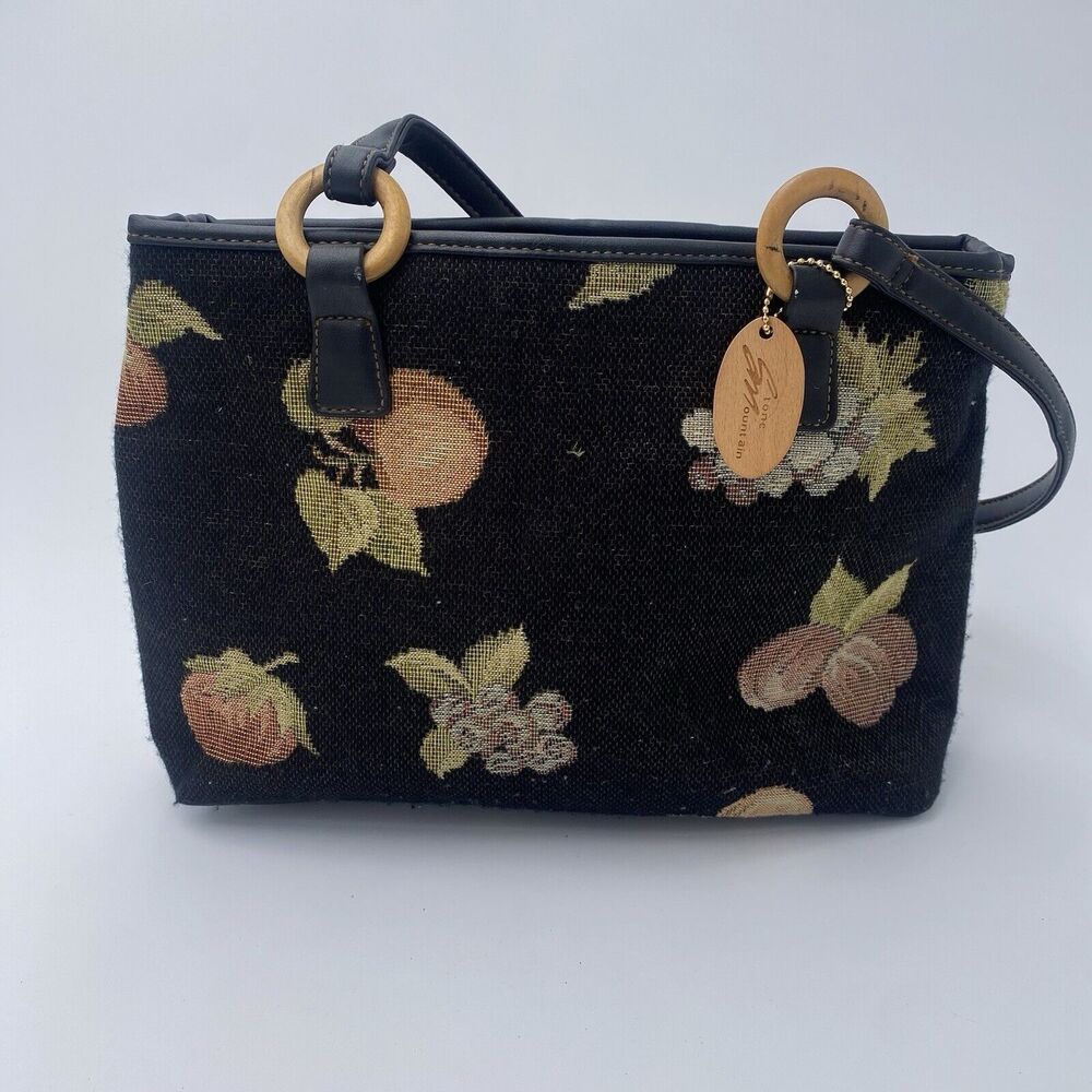 Stone Mountain Vintage Black Canvas Fruit Print Purse Bag 90s Y2k